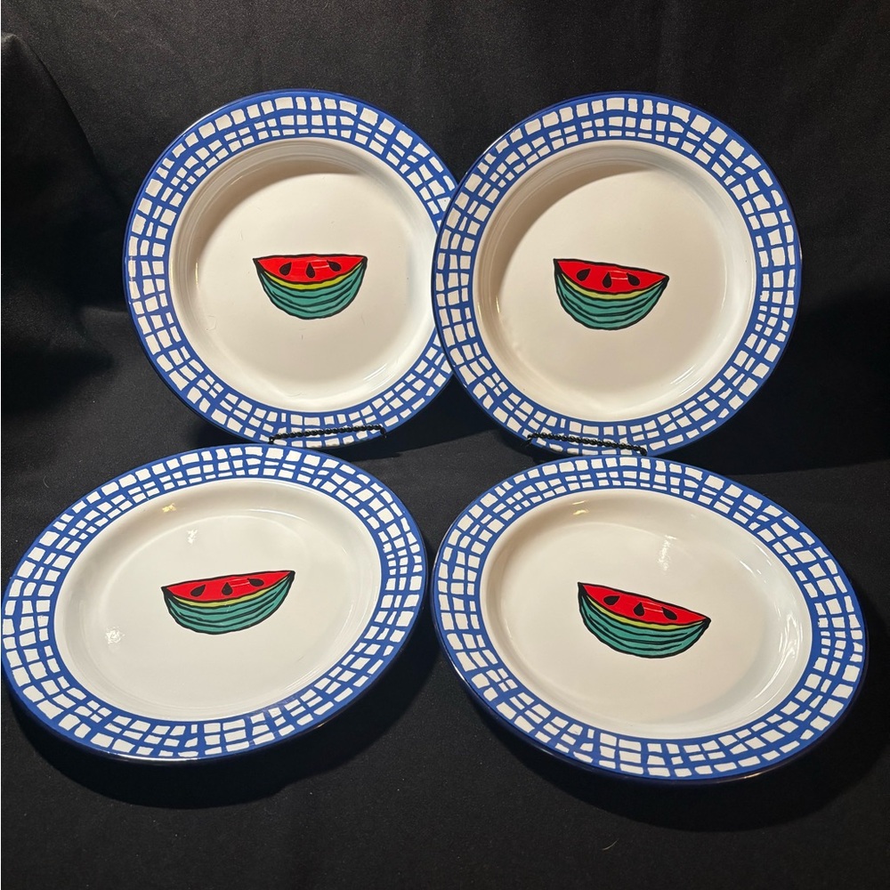 VTG Enamel Summerplace Watermelon Plates (4) 10" Blue Rim 1997 Marshall Field